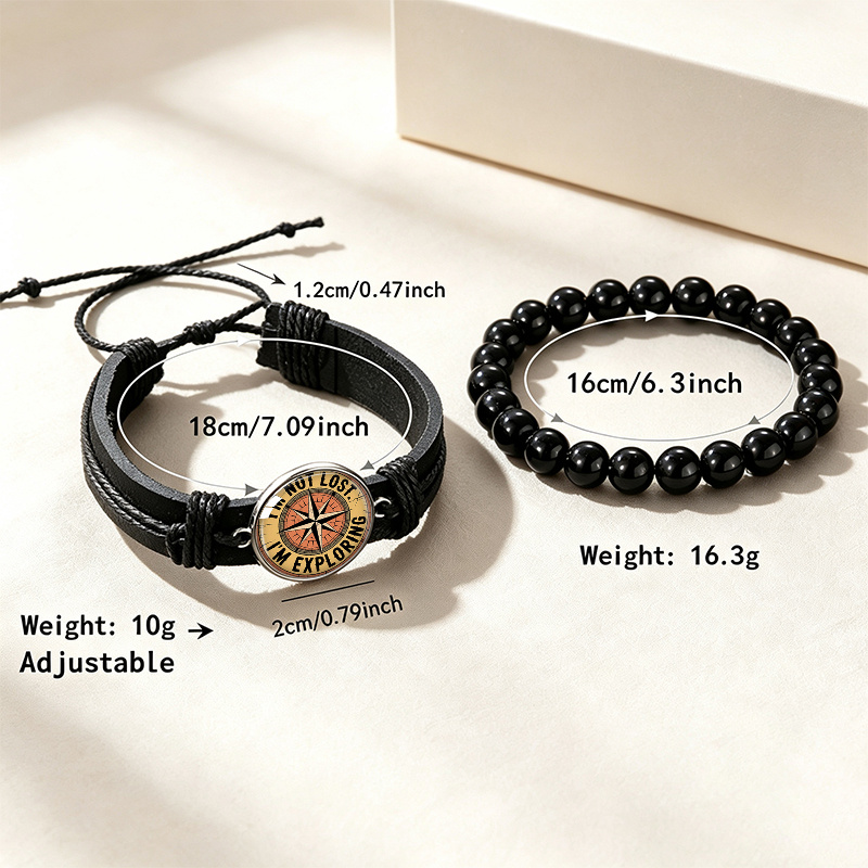 2pcs Exploration Compass Illustration Adjustable Black Cuff Bracelet